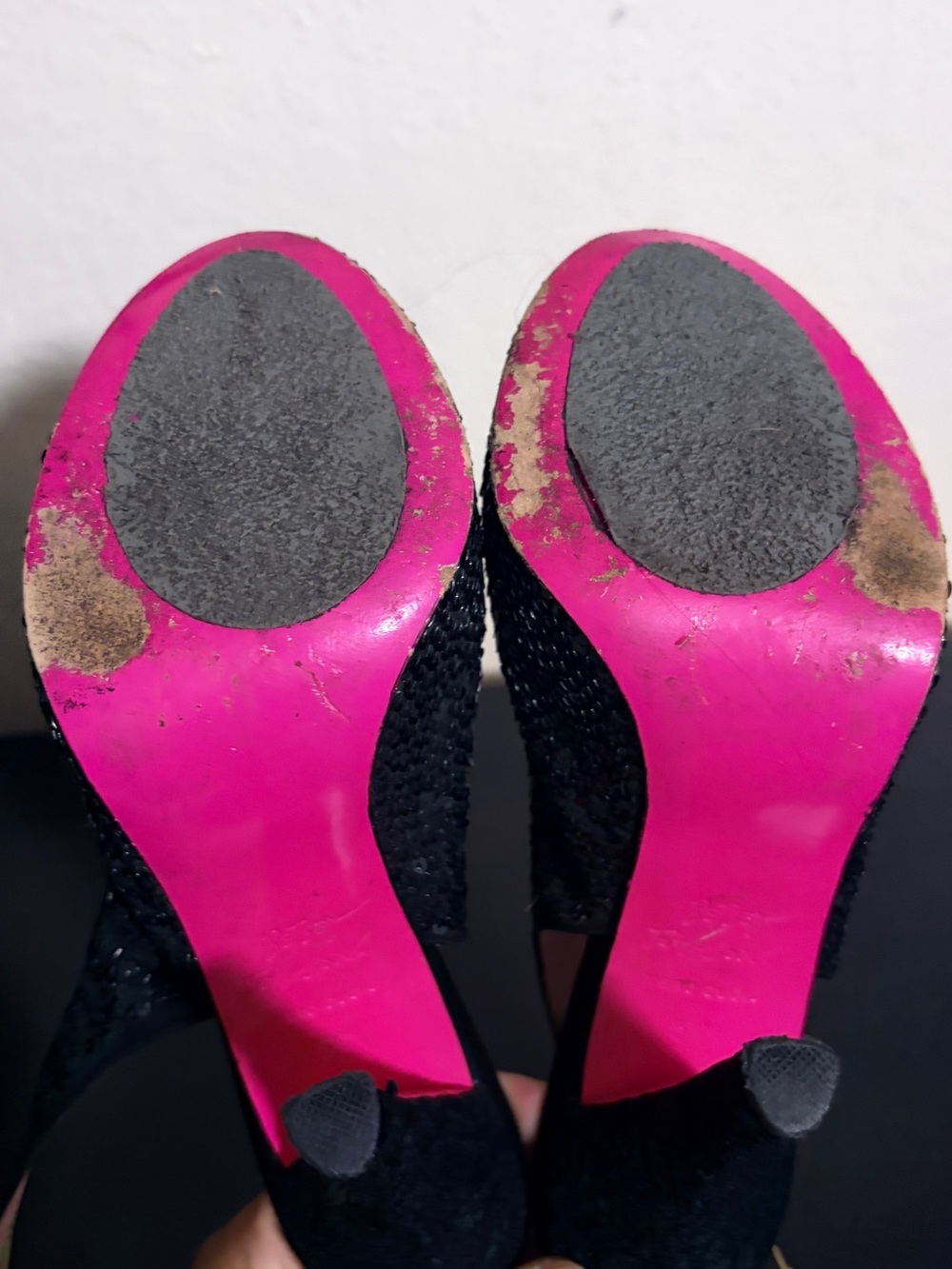 Betsey Johnson Black Sequin Slingback Heels with Pink Accents - Picture 3 of 7